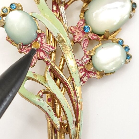 Moonglow Faux Pearl Cabochon Floral Bouquet Brooch Blue Green Pink Statement - Picture 5 of 7